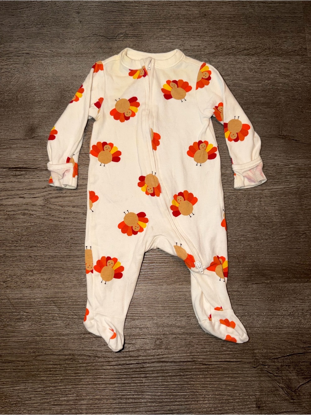 Old Navy Cream Footed One-Piece with Orange and Red Turkey Print